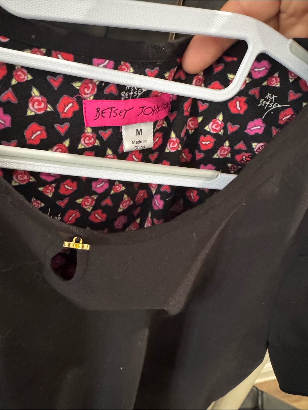 Betsey Johnson Black Scrub Top with Pink Floral Trim - Picture 3 of 5